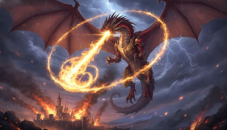 Dragon rouge et or crachant un torrent de feu