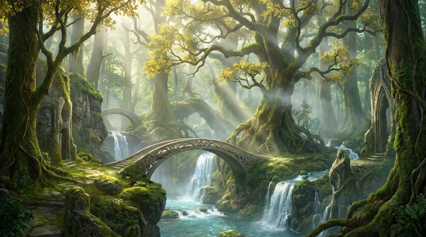 Forêt elfique enchantée avec lumière dorée